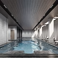 Modern Indoor Swimming Pool Interior With Gray Walls Wooden Ceiling Lounge Chairs And Natural Light