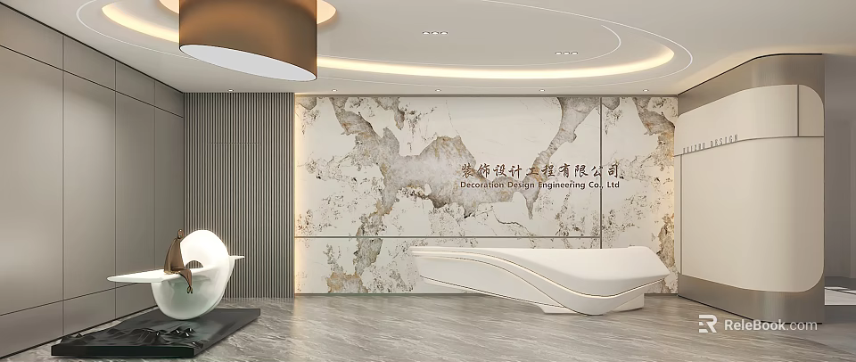 Elegant Modern Reception Area Featuring White Curved Desk Marble Wall Gray Floor And Modern Lighting 3d model 