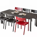 Modern Dark Dining Table Set With Six Red And Gray Chairs Tableware And Magazines 3d model