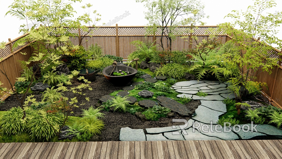 Japanese-style courtyard garden green slate road tingbu water bowl water feature plant combination plant pile flowers and plants shrubs stone model