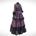 Purple High Neck Gray Patterned Dress With Black Ruffled Three Quarter Sleeves And Layered Skirt