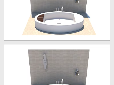 Round Bathtub With Wooden Edge Tiled Wall And Faucet In Modern Bathroom 3d model