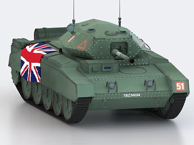 Green Military Tank With British Flag On Side Number 51 Cannon And Tracks 3d model