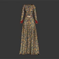 Elegant Long Dress With Blue Red Floral Pattern Long Sleeves Red Cuffs And Belt Detail