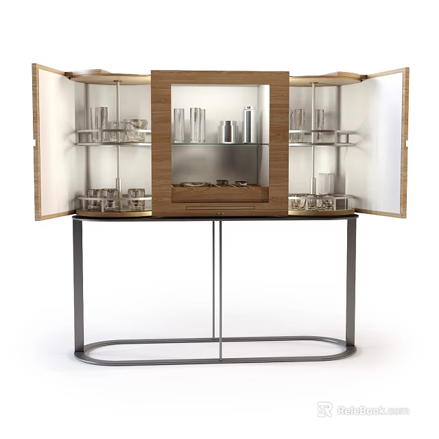 Contemporary Sideboard With Open Glass Shelves Metal Base And Glassware 3d model 