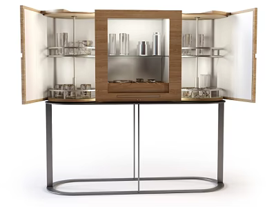 Contemporary Sideboard With Open Glass Shelves Metal Base And Glassware 3d model