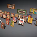 Vintage Advertising Signs Display On Wooden Exhibition Shelves With Brand Logos