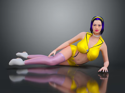 Woman With Purple Hair Yellow Headband And Yellow Outfit Posing On Black Reflective Surface 3d model
