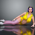 Woman With Purple Hair Yellow Headband And Yellow Outfit Posing On Black Reflective Surface