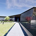 Modern Sales Office Building Exterior Design With Sloped Roof Large Glass Wall And Lawn Path