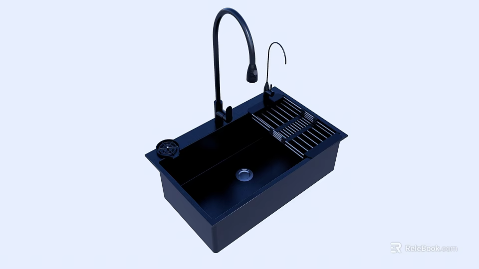 Modern Black Kitchen Sink with High Arc Faucet and Integrated Drying Rack 3d model 