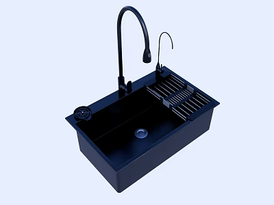 Modern Black Kitchen Sink with High Arc Faucet and Integrated Drying Rack 3d model