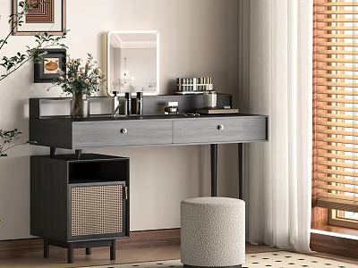 Modern Dressing Table with Mirror and Drawers Rattan Cabinet and Padded Stool by Window 3d model