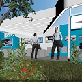 Garden Landscape Design With Green Trees Shrubs Lawn And Red Flowers Around Exhibition Booth
