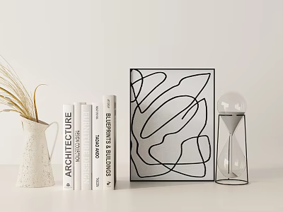 Modern Decorative Ornament Set with Vase Dried Grass Books Abstract Line Art and Hourglass 3d model