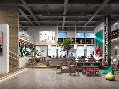 Modern School Interior Design With Spacious Layout Windows Plants And Colorful Artworks 3d model
