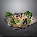 Delicate Food On Shell Shaped Plate With Purple Garnish Green Leaves White Thin Strips