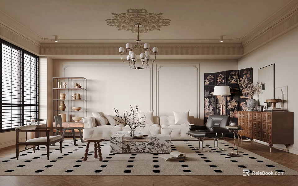 Elegant Living Room With Beige Walls Ornate Chandelier White Sofa Marble Coffee Table Geometric Rug 3d model 