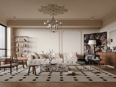 Elegant Living Room With Beige Walls Ornate Chandelier White Sofa Marble Coffee Table Geometric Rug 3d model