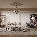 Elegant Living Room With Beige Walls Ornate Chandelier White Sofa Marble Coffee Table Geometric Rug