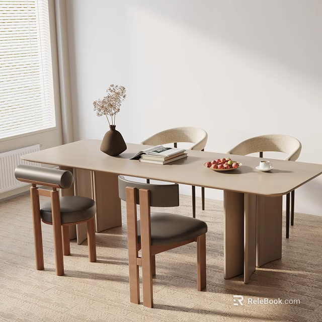 Modern Light Wood Dining Table Set With Four Dark Cushioned Chairs Vase Books And Strawberries 3d model 