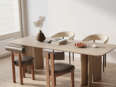 Modern Light Wood Dining Table Set With Four Dark Cushioned Chairs Vase Books And Strawberries 3d model