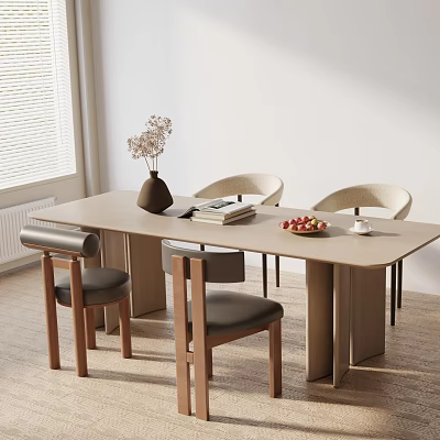 Modern Light Wood Dining Table Set With Four Dark Cushioned Chairs Vase Books And Strawberries 3d model