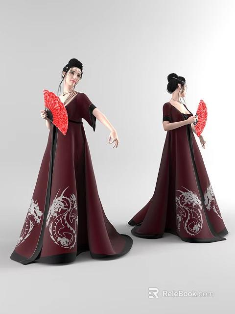 Woman wearing dark red long dress with white dragon patterns holding red fan 3d model 