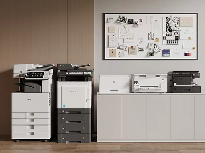 Modern Office Printers Various Models On White Cabinets With Wooden Wall And Bulletin Board 3d model