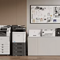 Modern Office Printers Various Models On White Cabinets With Wooden Wall And Bulletin Board