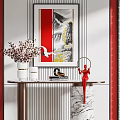 Chinese Interior Console Table with Lattice Walls Framed Red Painting and Floral Vase