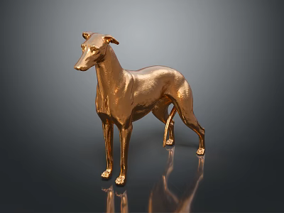 Shiny Golden Greyhound Dog Statue With Metallic Finish On Smooth Reflective Surface 3d model