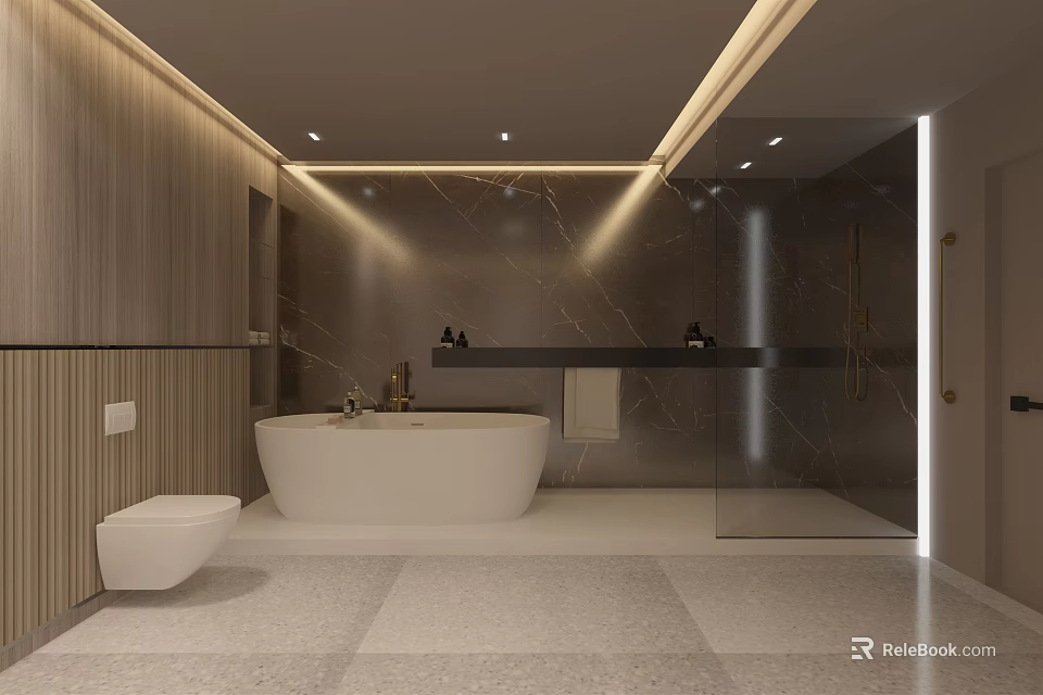 Modern Bathroom Interior Design With Freestanding Bathtub Marble Walls And Glass Shower 3d model 