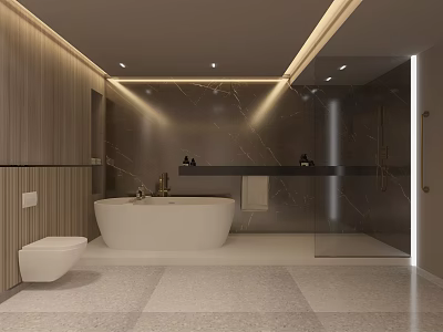Modern Bathroom Interior Design With Freestanding Bathtub Marble Walls And Glass Shower 3d model