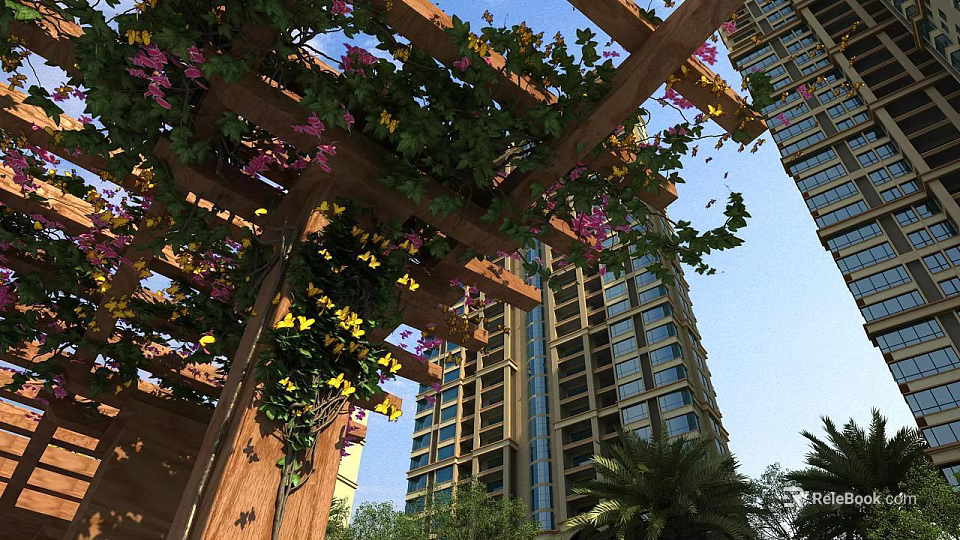 Wooden Pergola With Lush Vines And Colorful Flowers Against High Rise Buildings And Palm Trees 3d model 