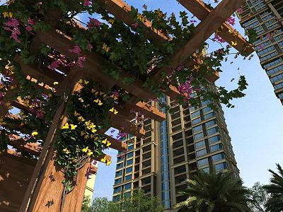 Wooden Pergola With Lush Vines And Colorful Flowers Against High Rise Buildings And Palm Trees 3d model