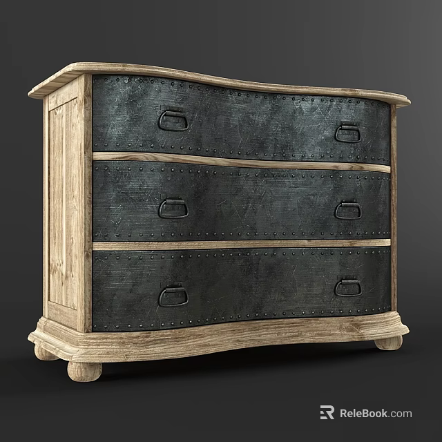 Vintage Wooden Chest of Drawers with Metal Drawer Panels and Rivets Detail 3d model 
