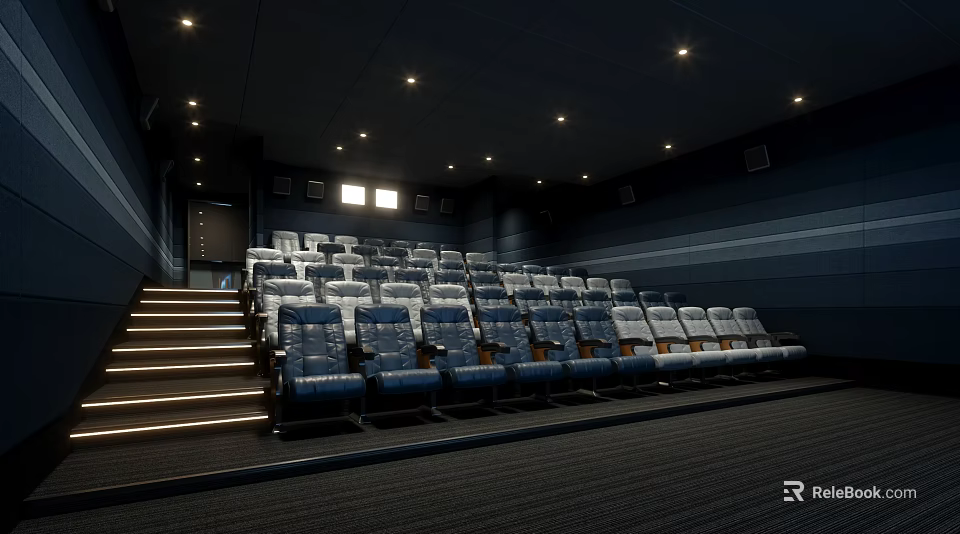 Cinema Interior Design With Blue Seats Staircase Arrangement Dark Walls And Ceiling Lights 3d model 