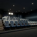 Cinema Interior Design With Blue Seats Staircase Arrangement Dark Walls And Ceiling Lights