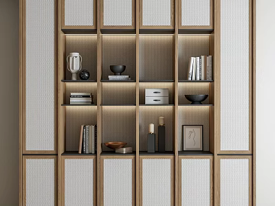Contemporary Wooden Bookcase Interior With Lattice Doors Built in Lighting And Decorative Items 3d model