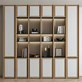 Contemporary Wooden Bookcase Interior With Lattice Doors Built in Lighting And Decorative Items