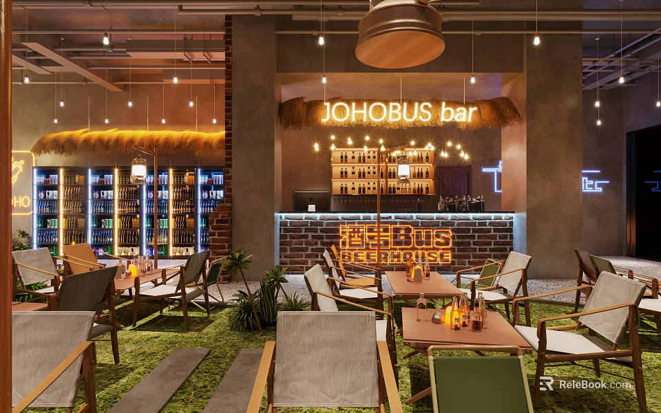 JOHOBUS Bar Interior With Green Plants Tables And Liquor Displays 3d model 