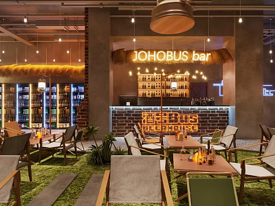 JOHOBUS Bar Interior With Green Plants Tables And Liquor Displays 3d model