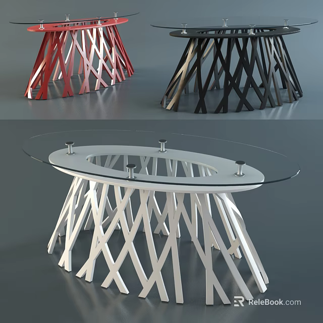Modern Dining Table With Glass Top And Crisscross Base In Red Black White 3d model 