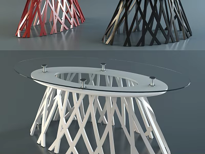 Modern Dining Table With Glass Top And Crisscross Base In Red Black White 3d model