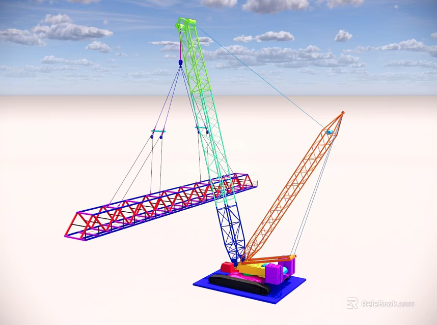 Colorful Construction Tower Crane With Colored Boom And Blue Sky Background 3d model 