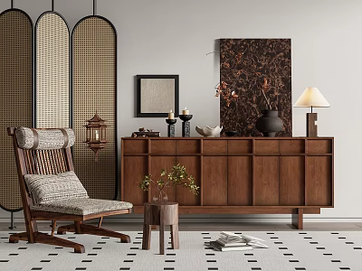 Wooden Entryway Cabinet Sideboard With Decorative Vase Candle Holders And Accent Chair 3d model