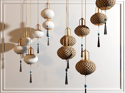 Modern Woven Chandeliers With Tassel And Bead Decorations Hanging In Space 3d model
