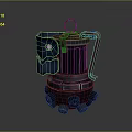 Futuristic Mechanical Weapon with Neon Blue Pink Lights Black Body Red Handle and Base Structure