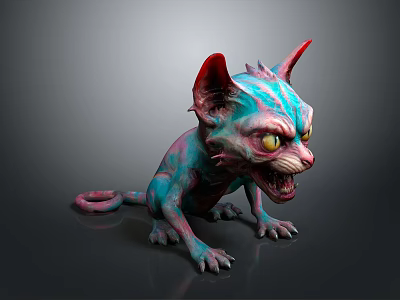 Fantasy Feline Creature With Vibrant Teal Pink Fur Red Ears Fierce Expression Sharp Claws Fangs 3d model